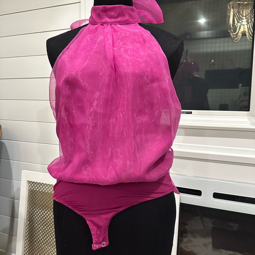 Vici Fuchsia Sheer Halter Bodysuit